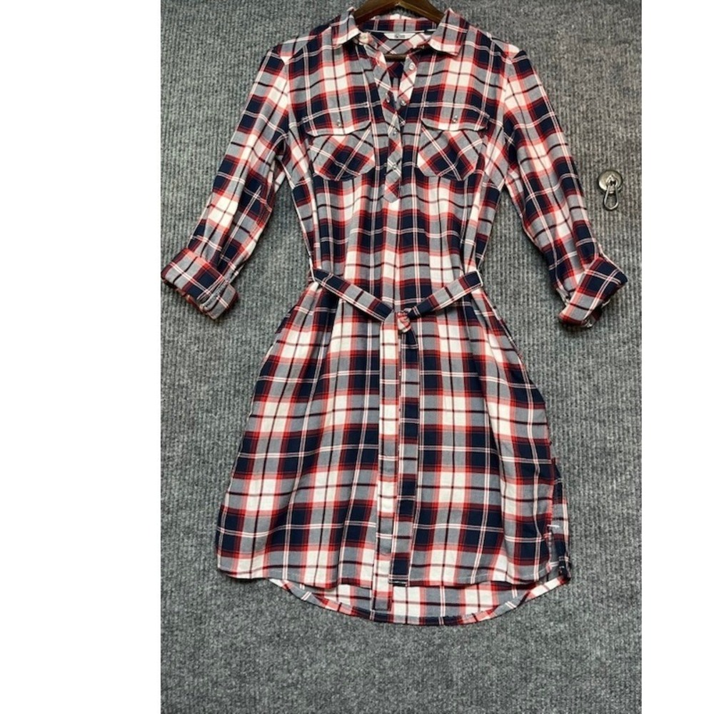 Tommy Hilfiger Denim Plaid Shirt Dress Red White Blue Cotton Belted Mini Small